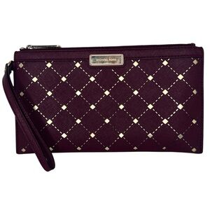 Michael Kors Burgundy Saffiano Leather Jamey Diamond Cutout Gold Tone Wristlet